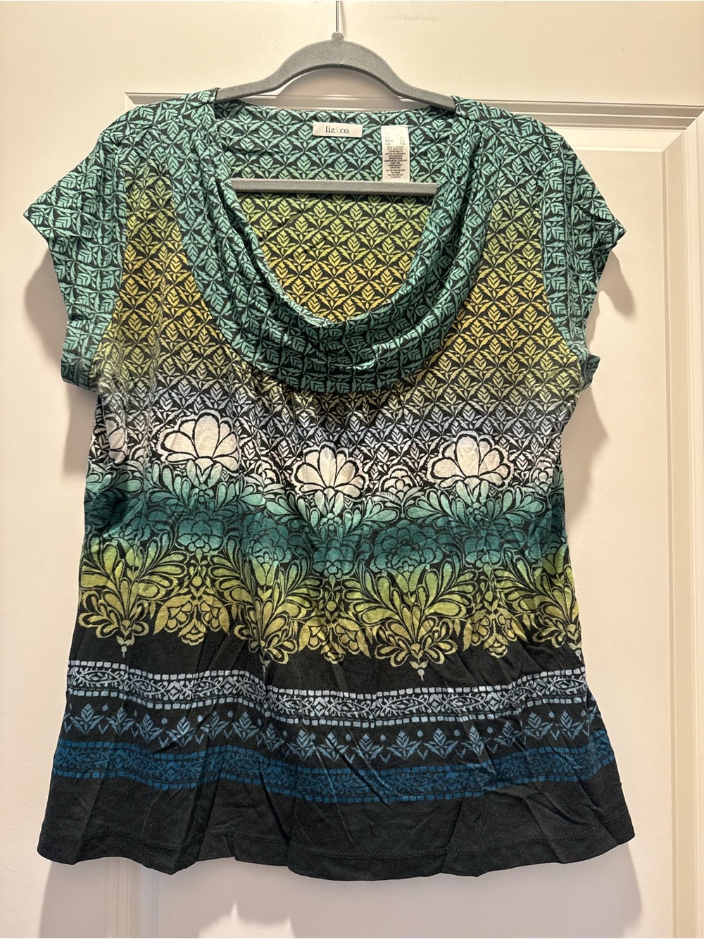 liz & co. Short Sleeve Cowl Neck Top in Green, Teal, Black